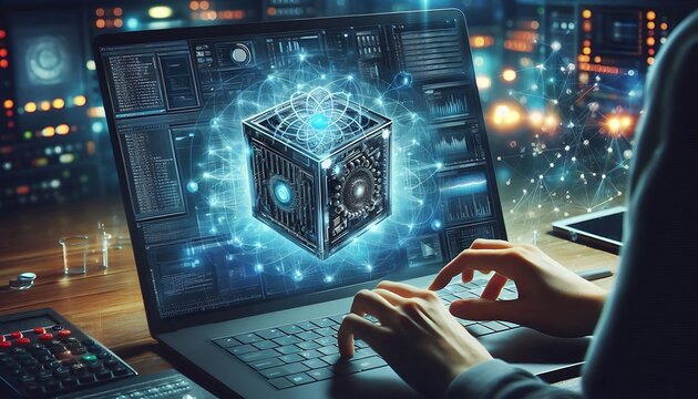 Quantum computer generating complex solutions in a modern tech lab environment,generative ai