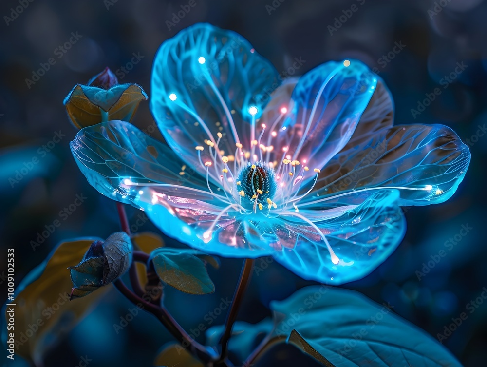 Poster Bioluminescent Synthetic Flower Changing Color to Attract Pollinators in Urban Living Light Display