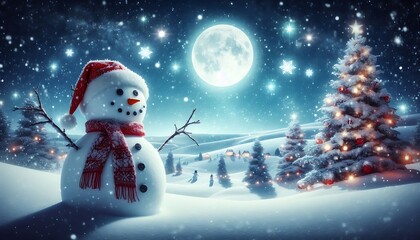 Winter landscape with a snowman wearing a Santa hat, surrounded by twinkling stars and a full moon on Christmas Eve,generative ai