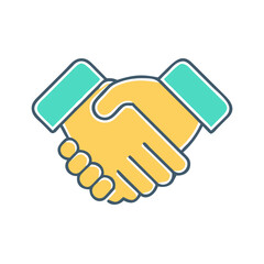Handshake icon in yellow and teal, partnership and agreement symbol in flat design