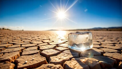 Melting ice cube on cracked dry earth under bright sun representing global warming