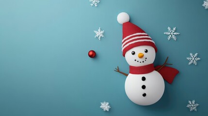 Fototapeta premium Christmas snowman flat design, top view, winter wonderland theme, animation, vivid