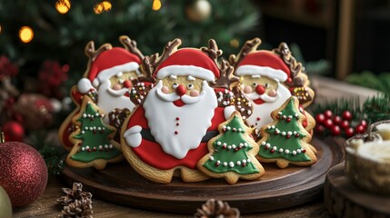 Obraz premium Festive Christmas cookies shaped like Santa and trees on a wooden table, surrounded by holiday decorations and warm lights.