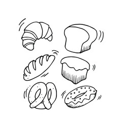 Set of bread and bakery vector illustration with doodle style on isolated background 