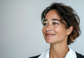Professional woman in a business setting smiles confidently against a neutral background.