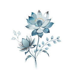 Fototapeta premium Stylized blue lotus flower surrounded by elegant decorative elements symbolizing tranquility and purity