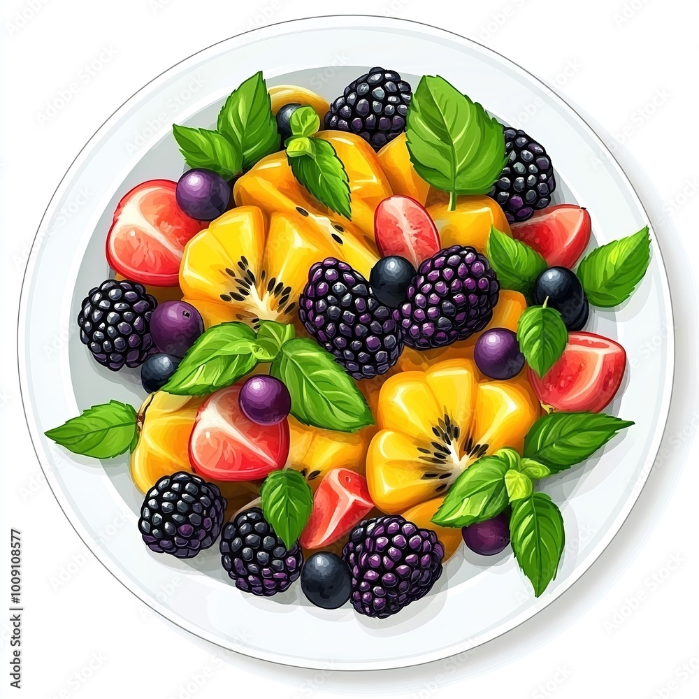 Poster A vibrant fruit salad featuring assorted berries and tropical fruits, garnished with mint leaves.