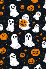 Halloween style pattern wallpaper. Cartoon character background. illustration of cute ghosts with scary pumpkins on the black background