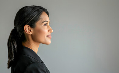 Young professional woman stands in profile showcasing confidence and poise in a business attire.