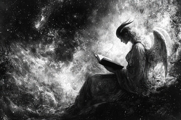Obraz premium serene horned figure with angelic wings is deeply engrossed in reading book amidst cosmic backdrop filled with stars and galaxies. contrast of light and dark enhances mystical atmosphere