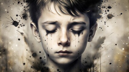 Fototapeta premium Emotional portrait of a boy with ink splatters resembling tears symbolizing the impact of violence