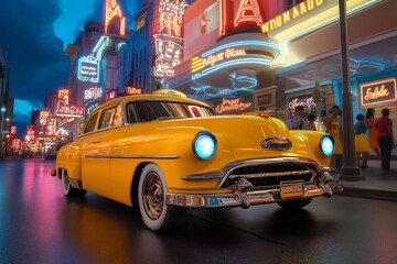 1960s yellow taxi parked outside bustling retro diner with glowing neon sign. Inside, customers in...