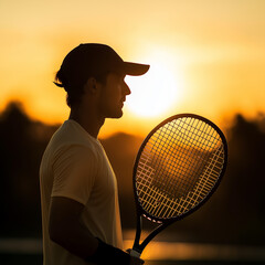 Tennis player holding racquet at sunset in profile