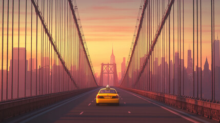 Yellow taxi driving across famous suspension bridge at sunrise, with city skyline in the distance. Warm morning light reflects off bridge cables and car, creating a golden hue against soft pinks 