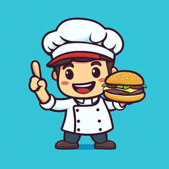 A cartoon chef holding a burger and pointing up, logo design on a blue background in a simple and flat style. 