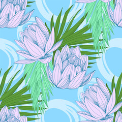 Seamless Pattern with tropical leaves and lotus. Color sketch style hand drawn background. Detailed illustration, hand drawn. Great for fabric and textile, prints, invitation, packaging