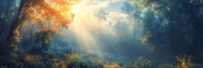Fototapeta premium Serene forest scene with gentle sunlight streaming through clouds, vibrant details in the foreground, dreamy softness in the background