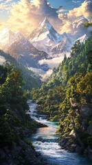 In the middle scene, near is the dense forest, in the middle is the winding river, in the distance is the towering Mount Everest, colorful clouds
