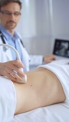 Obraz premium Doctor man is using ultrasound equipment on the back of a patient, woman. The results are on a monitor in the background. Medicine service concept