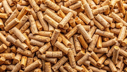 Close-up of natural wood pellets stacked in neat piles for sustainable heating and energy production