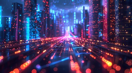 Fototapeta premium A vibrant futuristic cityscape illuminated by neon pink and purple lights, resembling a digital circuit board with interconnected pathways and towering buildings. 