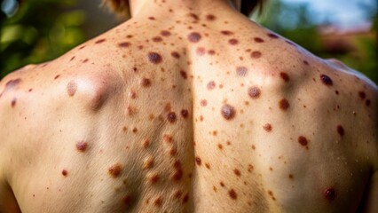 Close-up of skin showing liver spots on back, highlighting age spots and pigmentation variations