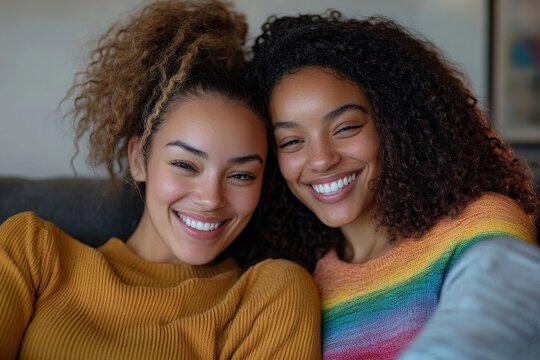 Happy lesbian couple video calling their friends, Generative AI