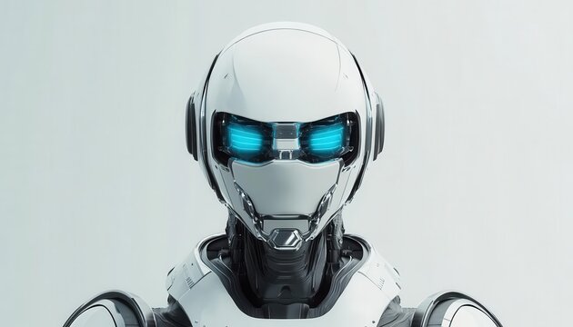 Robotic mask with chrome surfaces and glowing blue eyes, worn by an android in a futuristic laboratory