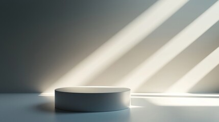 A 3D rendering of a glass-like cylinder podium, reflecting light against a minimal abstract background with layered geometric shapes in monochrome hues.