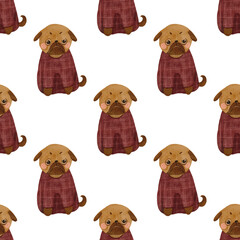 Seamless pattern of grumpy sitting pug on white background watercolor hand drawn seamless pattern