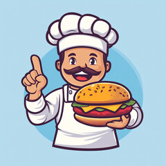 A cartoon chef holding a burger and pointing up, logo design on a blue background in a simple and flat style. 