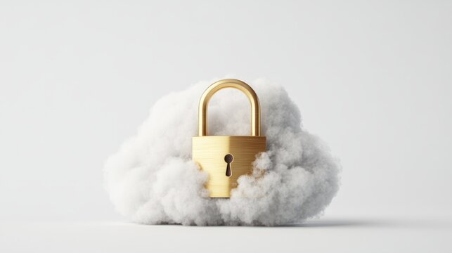 recommend clip art: Golden padlock locked into a fluffy white cloud, isolated on a clean white background