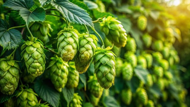 Close-up of vibrant green lupulo hops on vine, showcasing natural beauty and agricultural richness