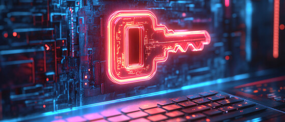 digital key icon glowing in neon colors, symbolizing cybersecurity. 