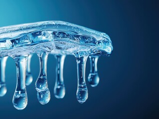 Closeup of clear gel dripping, forming droplets against a blue background.