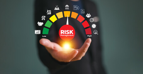 Risk management level indicator concept. Assessment business investment, plan matrix control...
