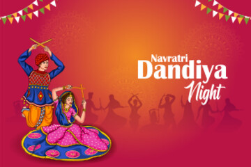 Couple performing dandiya and dancing garba sale and promotion advertisement background