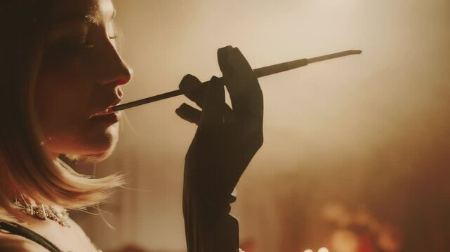 Retro lady smoker closeup hand holding cigarette holder. Beauty woman smoking mouth lips inhale and exhale cloud of smoke. long gloves room old style 1920s. Blonde sexy Girl face vintage detail 4k