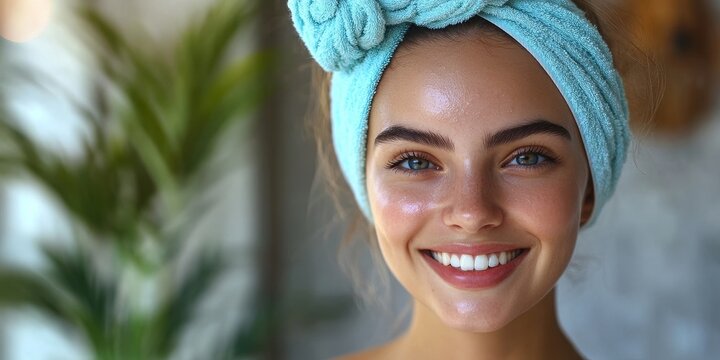 Woman smiling after skin care at home, Generative AI