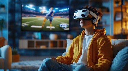 A teen enjoying an immersive VR gaming experience at home, playing metaverse sports games with a VR headset in a modern setup