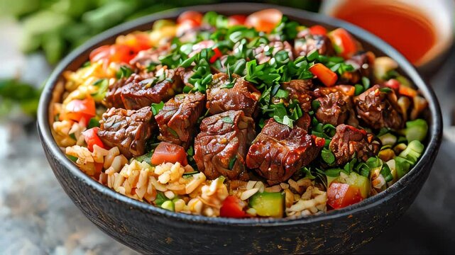 A traditional Saudi Arabian dish of beef kabsa served with flavorful rice, garnished with herbs and cherry tomatoes in a rustic clay bowl