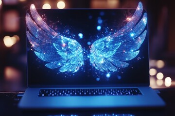 Glowing Digital Wings Emerge from Laptop in Futuristic Tech Scene