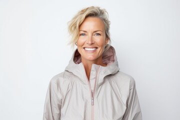 Fototapeta premium Portrait of a happy woman in her 40s wearing a lightweight packable anorak over white background