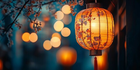 Obraz premium Intricately Designed Paper Lantern, softly glowing in the background, showcasing delicate craftsmanship and enchanting ambiance.