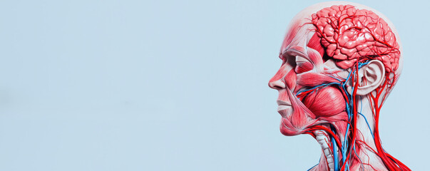 Anatomical illustration showcasing human neck muscles, major blood vessels, and brain structure, highlighting intricate details of human anatomy