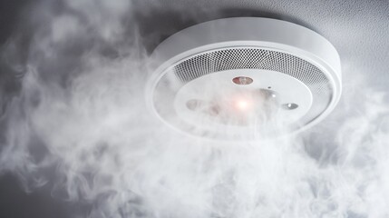 Smoke detector alarm activating with dense smoke surrounding it, red light flashing as warning signal in potential fire emergency situation.