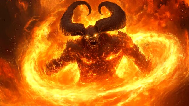 A devil with cracked, glowing skin, engulfed by swirling fire. Looping 4k video animation background