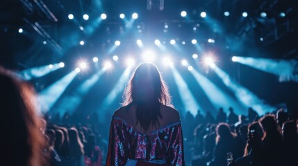 A dramatic moment from a fashion show with models walking the runway under bright lights.