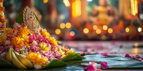 Fototapeta premium Exquisite krathong adorned with vibrant flowers and lush banana leaves, set against a festive, colorful backdrop