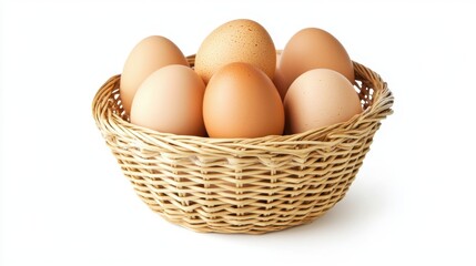 Fresh chicken eggs in a wicker basket isolated on a white background with copy space. Simple and natural presentation for food themes.